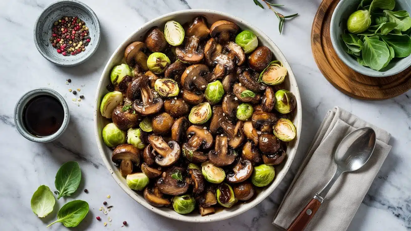 Balsamic roasted mushrooms and brussel 9rdl h54wug