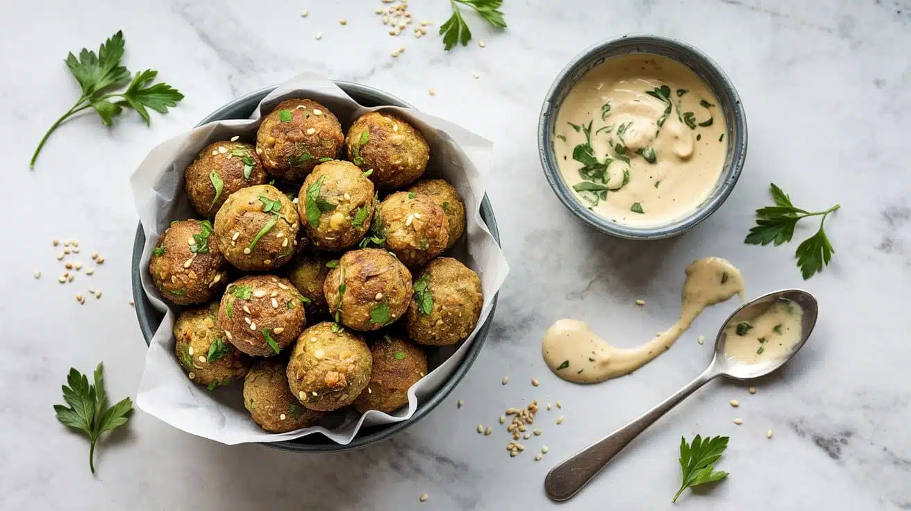 Falafel with garlic tahini sauce a top a jfslzi