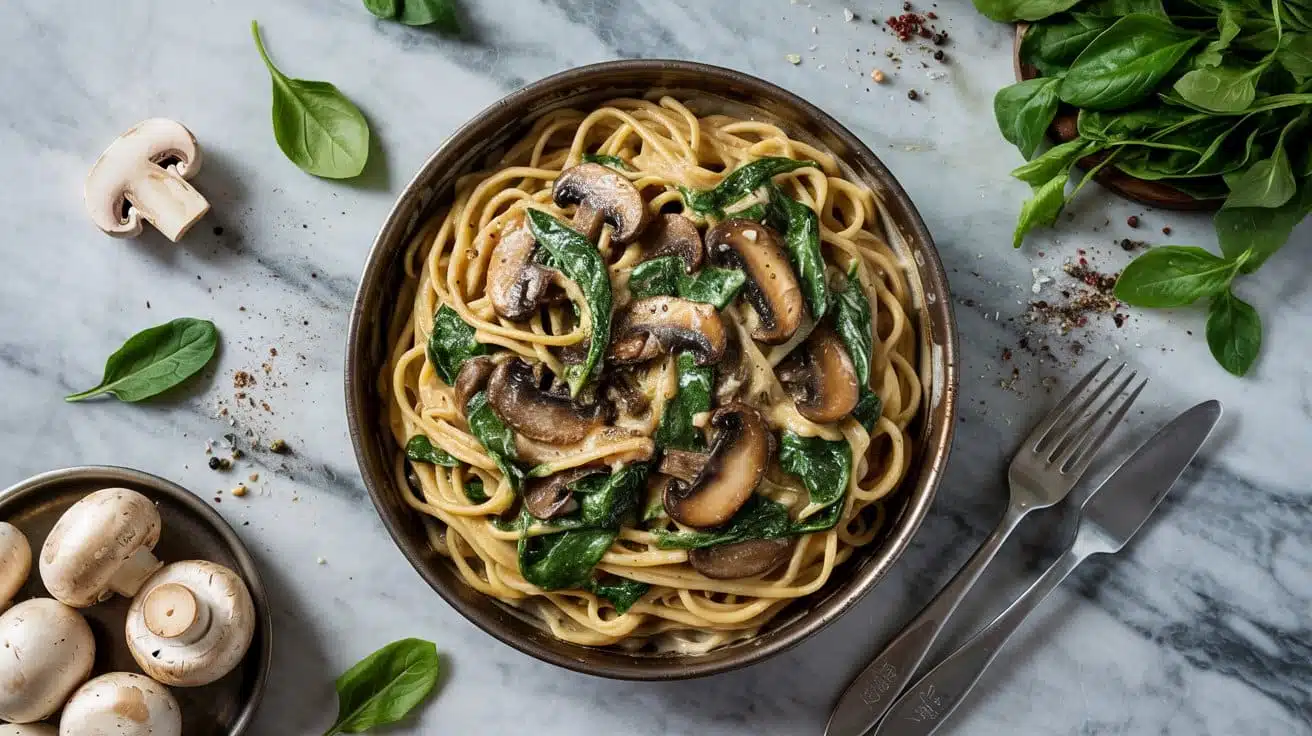 Hearty mushroom and spinach pasta with j