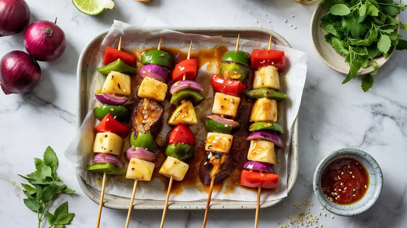 Sweet and sour vegetable skewers a top