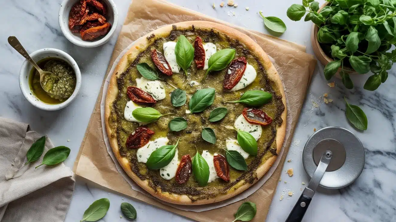 Vegan pesto pizza with homemade herb t