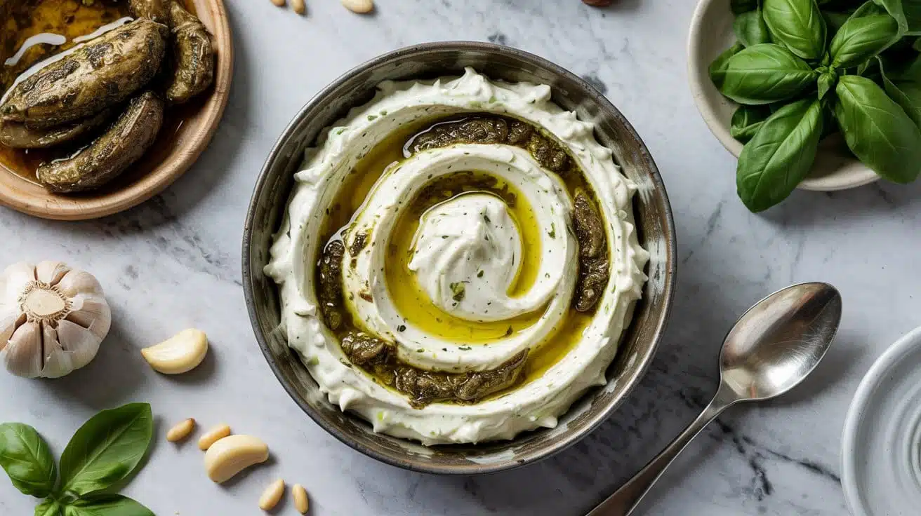 Basil pesto vegan whipped feta a top d bbpgxla