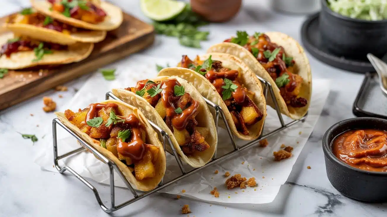 Crispy potato tacos topped with smoky fdxptumdq