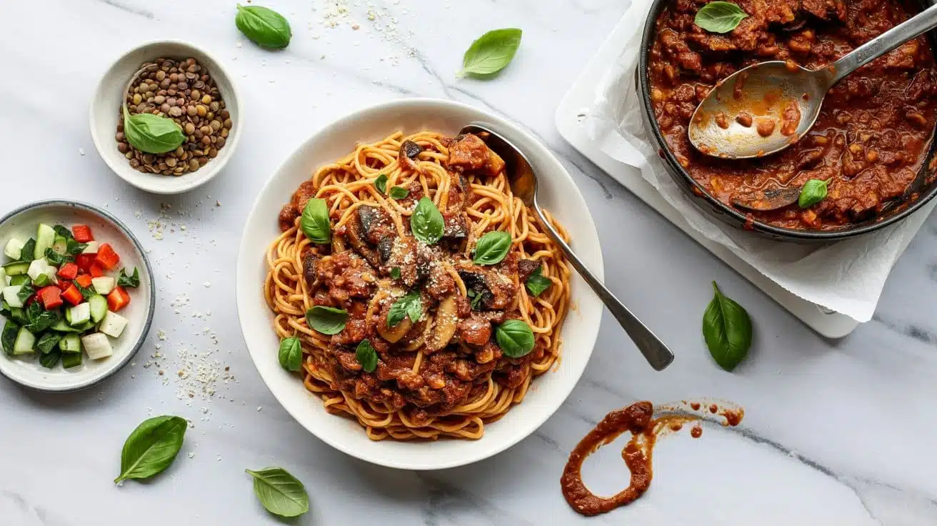 Vegan bolognese with lentils and mushr