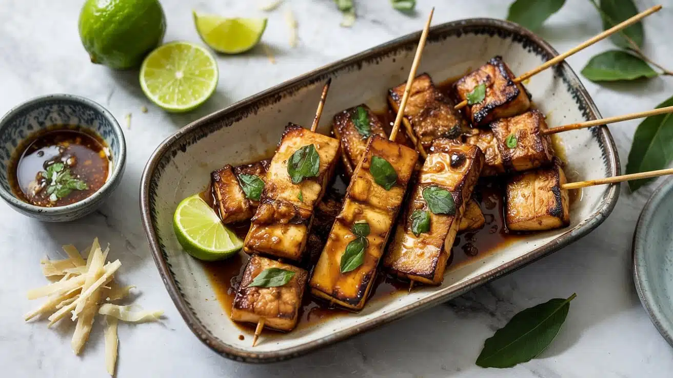 Ginger lime glazed tofu skewers a top bxy