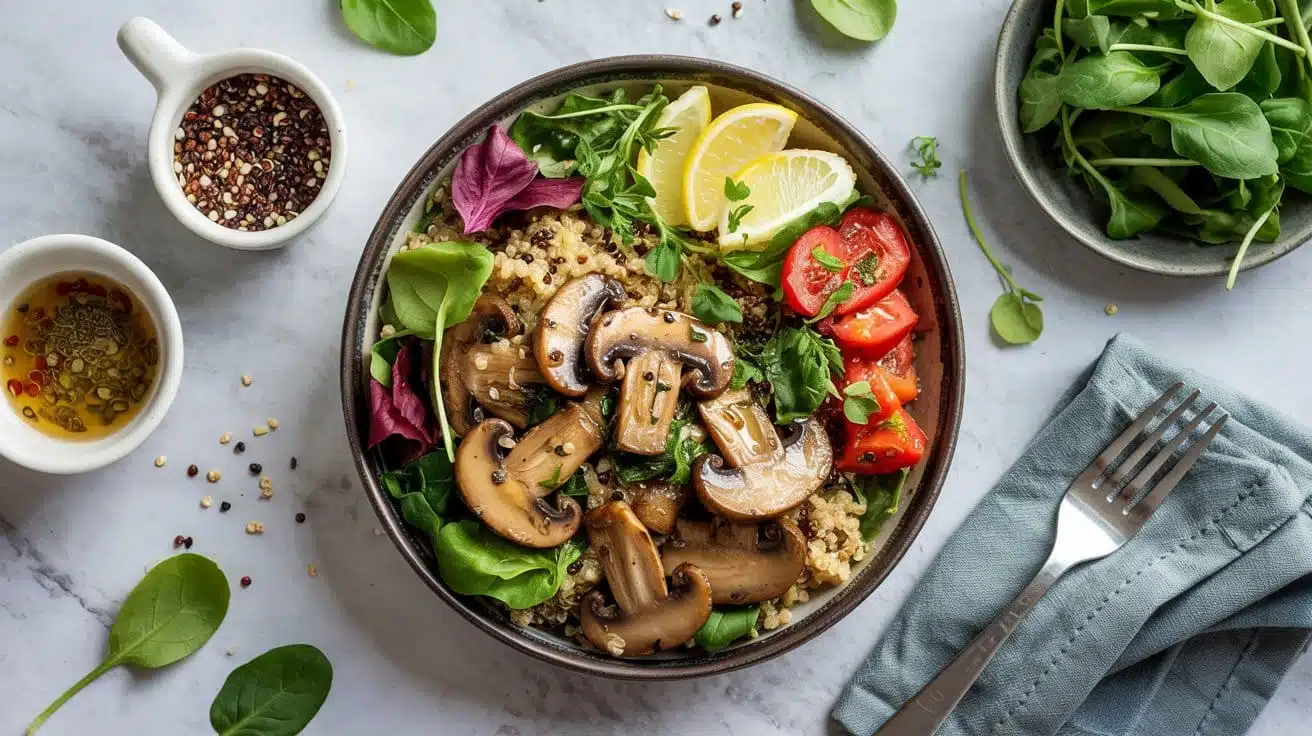 Savory mushroom quinoa bowl with fresh qfsvq